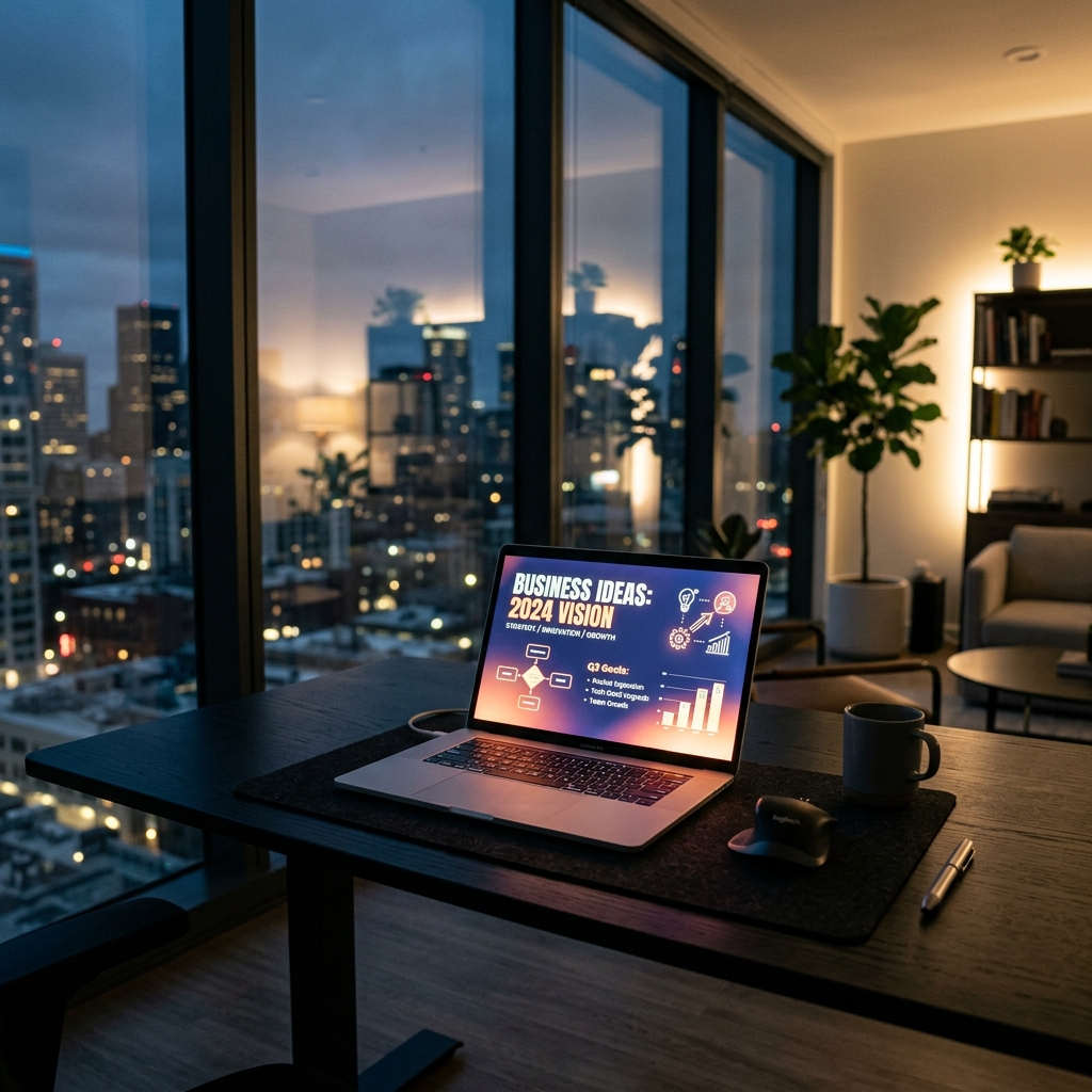 A modern smart workspace showing a digital tablet with business strategy analytics, professional aesthetic, no people